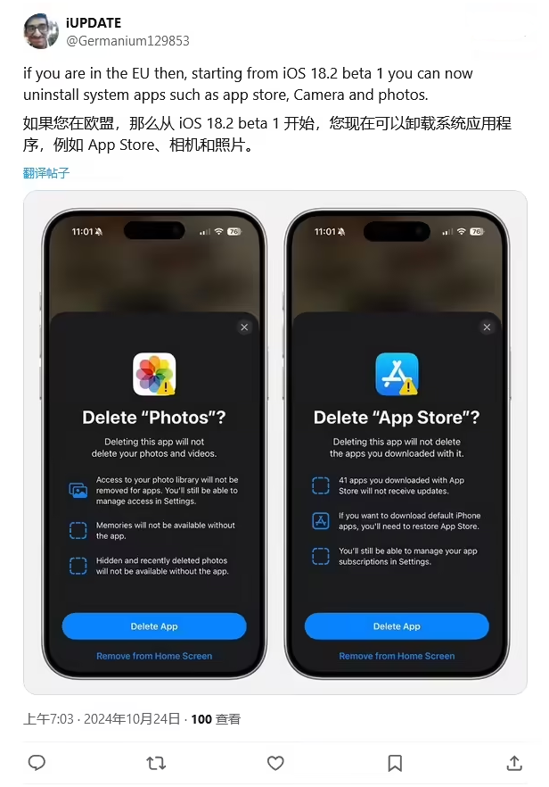 定兴苹果手机维修分享iOS 18.2 支持删除 App Store 应用商店 