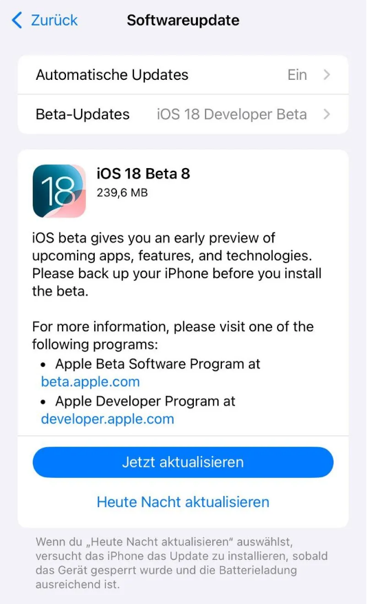 定兴苹果手机维修分享苹果 iOS / iPadOS 18 开发者预览版 Beta 8 发布 